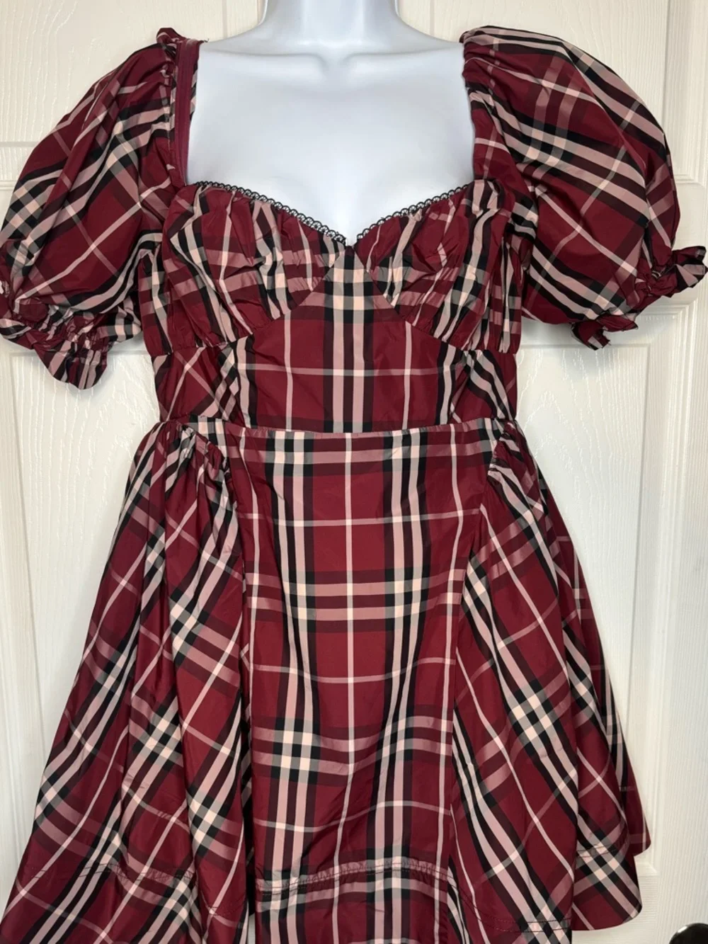 Anthropologie Mauve Burgandy tartan plaid puff sleeve mini dress  sz  Med NWT - Picture 6 of 10